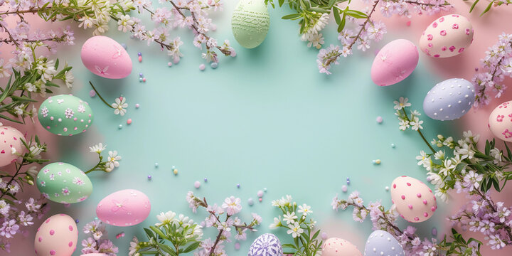 Sakura blossom flower, mint, pink, peach color happy easter eggs on blue mint spring background. Postcard, banner.
