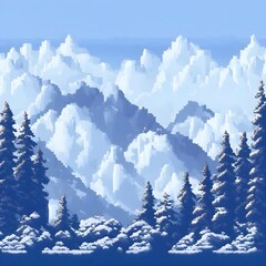 A spectacular landscape with mountain ridges or peaks, Christmas trees covered with snow and shrouded in fog. Generative AI
