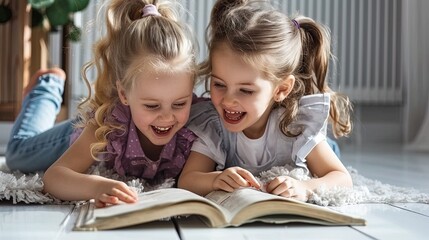 Happy little child girls with smiles reading books, lying on the floor at home in a bright interior