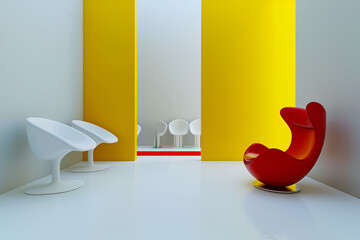 Modern Interior Design with Vibrant Yellow Panels, Stylish White and Red Chairs - Contemporary Room...