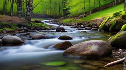 In the heart of the lush, verdant forest lies an enchanting sight&mdash;a serene river winding its way gracefully through the dense canopy of trees. The gentle flow of water, accompanied by the soothing 