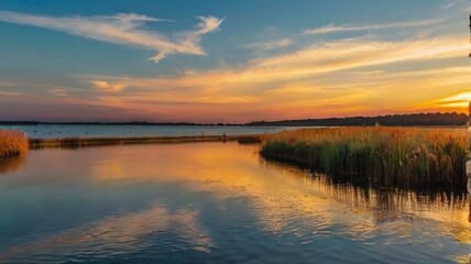 As the sun gracefully descends beyond the horizon, casting its golden hues across the sky, a breathtaking spectacle unfolds over the tranquil waters of the meandering river. The once vibrant azure 