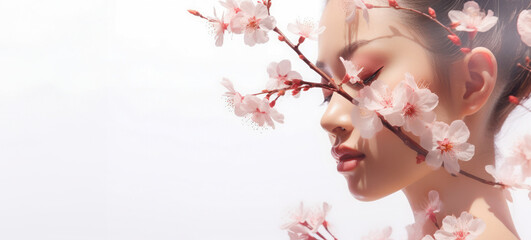Ethereal portrait with soft-focus cherry blossoms caressing a woman's face, evoking spring's gentle beauty..
