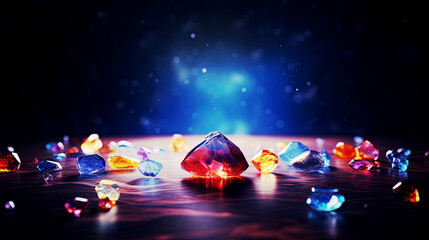 The crystal lies on the surface against the background of the flash. Illustration of a magic stone on a blurred shiny background with a side - obrazy, fototapety, plakaty