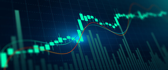 Stock graph and chart with business candlestick. Financial static analysis with growing financial charts. Online trading, Investment, Strategy market plan, and Stock market fluctuations Concept.