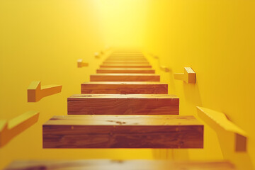Golden Pathway to Success - Bright Yellow Journey, Wooden Steps Ascending into Glowing Light