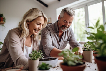 Caucasian married middle aged couple planting herbs in living room