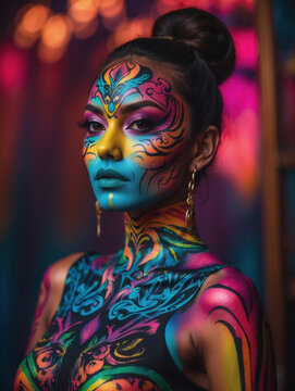 A woman with colorful makeup and tattoos stands in a dark room with neon lights.