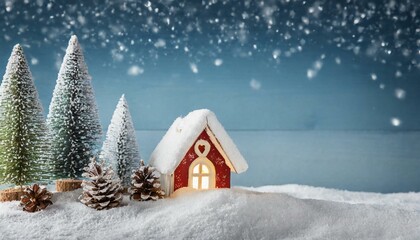 Fototapeta premium Winter landscape wallpaper with group of small trees, snow and small house
