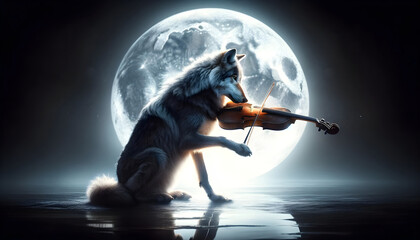 Wolf's Nocturnal Serenade: Gray Wolf Playing Violin Under Moon, Symbolizing Wildlife Conservation and Solitude