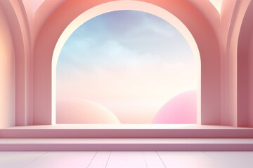 Pastel abstract illustration depicting pink arched staircase steps with empty space for mock up product presentation against a blue sky background