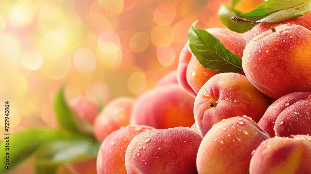 Wall mural Fresh peach fruits on blurred backdrop. Healthy food background with free place for text - Wall murals