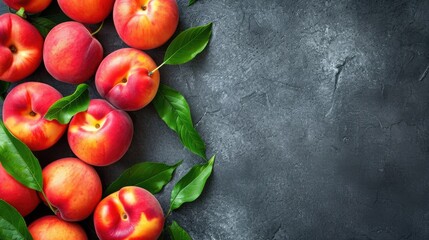 Fresh peach fruits on the table. Healthy food background with free place for text