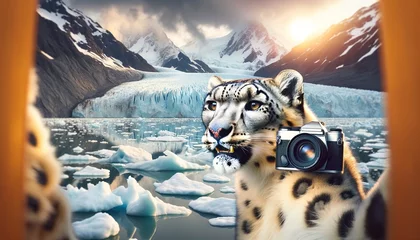 Fotobehang Snow Leopard's Selfie Awareness: Melting Glaciers Highlighting Climate Change Impact on Arctic Wildlife © pwkgfx