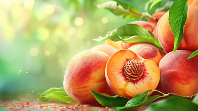 Fresh peach fruits on the table. Healthy food background with free place for text