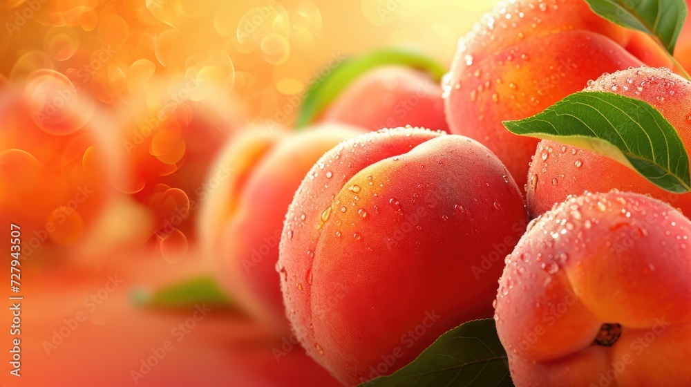 Wall mural fresh peach fruits on the table. healthy food background with free place for text