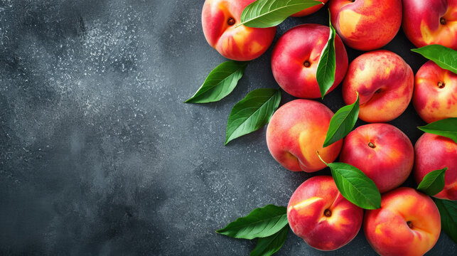 Fresh peach fruits on the table. Healthy food background with free place for text