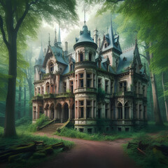 Obraz premium gorgeous abandoned medieval mansion in a fairytale forest photo realistic
