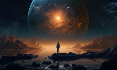 person exploring far worlds with planets and moons, universe discovery concept, fantasy and science fiction - obrazy, fototapety, plakaty
