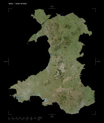 Wales - Great Britain shape isolated on black. High-res satellite map