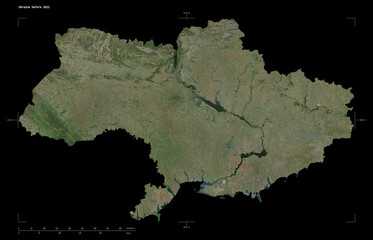 Ukraine between 2014 and 2022 shape isolated on black. High-res satellite map