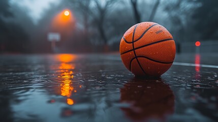Wet basketball left on the court under a stormy sky signaling an interrupted game - obrazy, fototapety, plakaty
