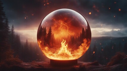 sunrise over the planet highly intricately photograph of Fire lord rising from magma inside a crystal ball,  