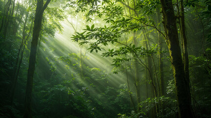 Light and shadows in a sunlit misty rainforest create a mystical atmosphere.