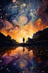 man exploring beautiful colorful world, nature and astronomy, in style of vibrant illustrations