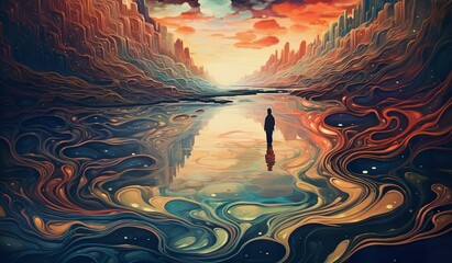 man exploring beautiful colorful world, nature and astronomy, in style of vibrant illustrations