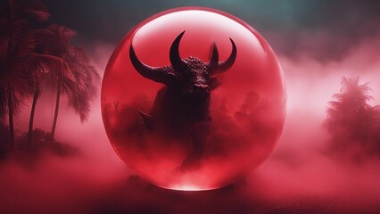 dragon devil in the night highly intricately photograph of  Red devil with trident  running on land  inside a glass ball,  - obrazy, fototapety, plakaty