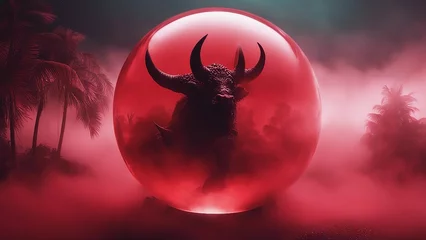 Fotobehang dragon devil in the night highly intricately photograph of  Red devil with trident  running on land  inside a glass ball,  © Jared