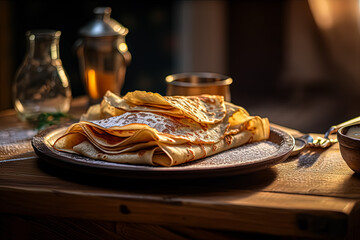 Savor the homemade goodness of thin pancakes on a plate. These delectable crepes promise a tasty culinary experience. Perfect for food projects.
