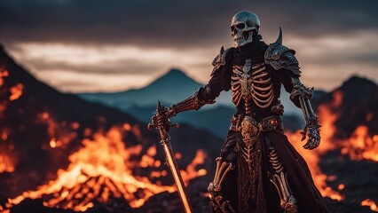 Burning demon skeleton knight over volcano 