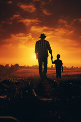 happy cheerful father with child walking by cereal field at sunset, man with daughter or son playing at summer