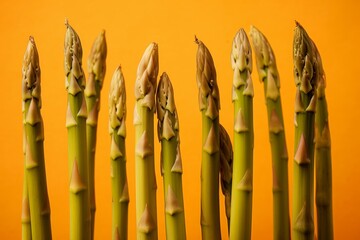 Fresh Green Asparagus Spears Isolated on Orange Background