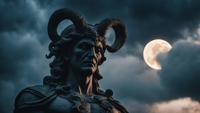 Night dragon demon   close up on frightening statue, with moon emerging from clouds 