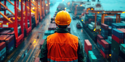Obraz premium A solitary worker in an orange high-visibility jacket and a yellow hard hat surveys the expanse of a busy shipping container terminal at dusk.