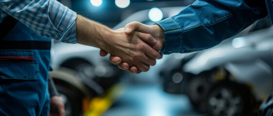 A handshake deal in an auto repair shop, trust and professionalism in action - obrazy, fototapety, plakaty