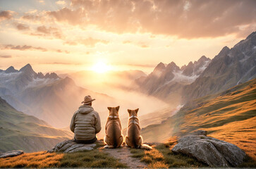 Fototapeta na wymiar Middle-aged traveler and two dogs sitting on a rock, watching the sunset together over a stunning mountain landscape. Concept of travel, relaxation, and exploration.