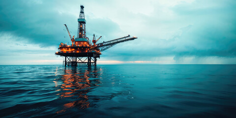 An offshore oil rig stands against a dramatic backdrop of dark, stormy sea skies, highlighting industrial might amidst nature's forces.