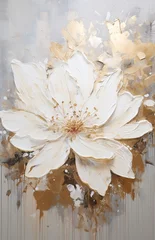 Fotobehang pano picture oil painting white flower with golden brush strokes with texture, elegant, romantic, luxurious bud © Svetlana