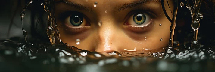 Foto op Aluminium Lady eyes from water A closeup photo, direct and sharp eyesight look of a female with wet hair and raising out from water © Sudarshana