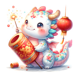 Naklejka premium Joyful Dragon Playing with Firecrackers and Lantern