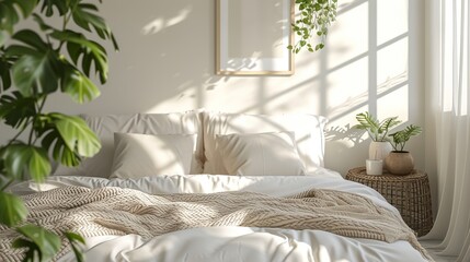 Serene bedroom interior with natural light and green plants enhancing tranquility.