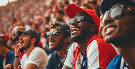 French sport supporter fans at stadium. Group of young woman and man support team during the match