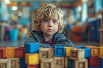 A young girl and boy play together indoors, their faces filled with joy as they build a tower of blocks, showcasing their innocent and imaginative spirits