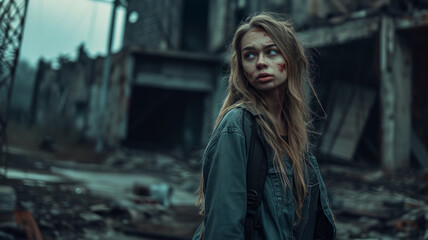 Fototapeta premium Sad frightened woman in the middle of a depressing landscape.