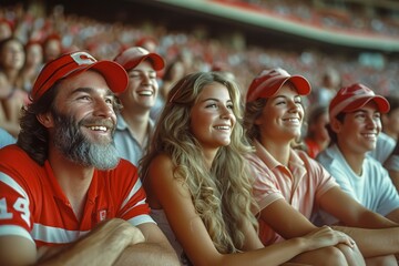 A diverse group of passionate fans, their faces lit up with joy and pride, dressed in their team's colors, smiling as they cheer on their favorite baseball player, all sitting together in a crowded s - Powered by Adobe