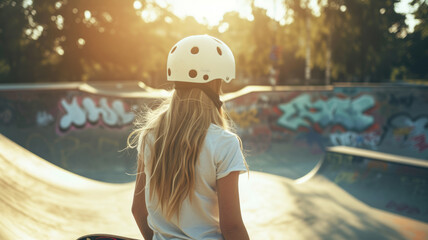 A teenage girl in a white protective helmet in the middle of a skatepark.